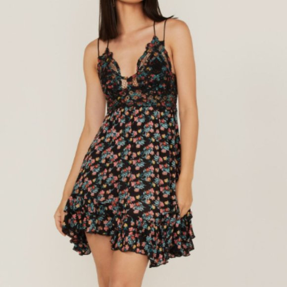 Free People Adella Slip Dress Floral Asymmetrical Short Dress Lace Ruffle - Picture 2 of 9
